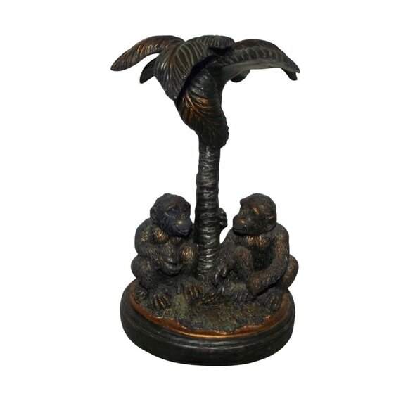 2 Monkies Figurine Under Palm Tree Statue 8" monkey bronze color chalk or resin? - Picture 1 of 9